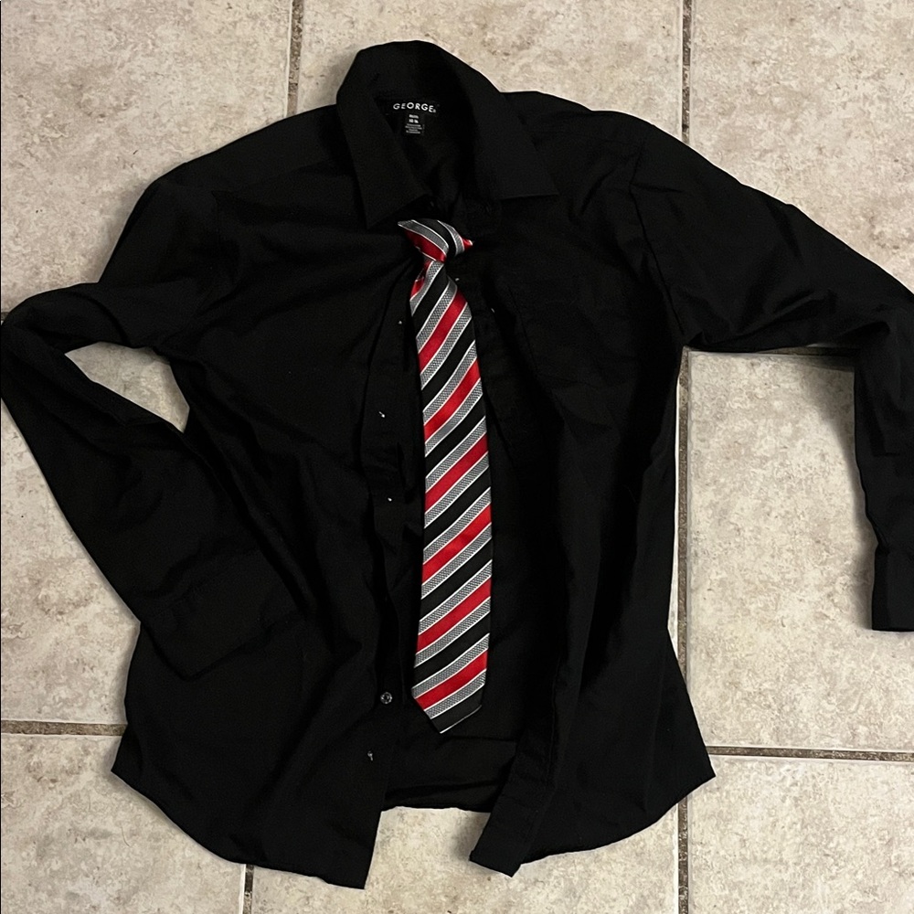 George Classic Black Shirt with Red and Gray Striped Tie